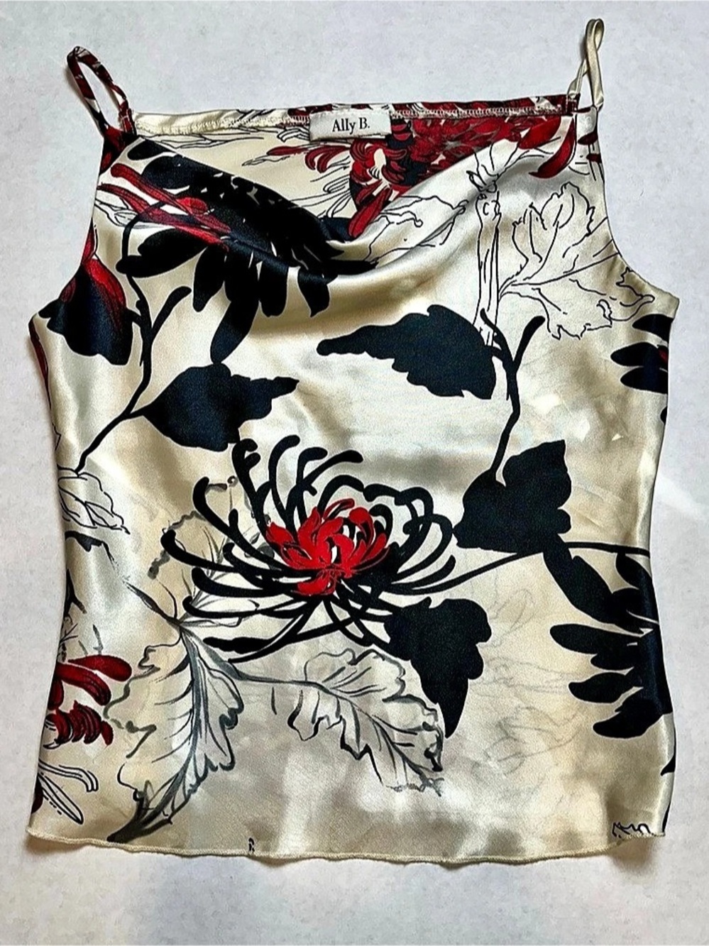 Ally B. Floral Silk Camisole in Cream & Black Size 10 Like New Cowl Neckline